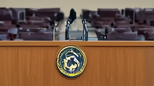 Empty Pentagon press briefing room podium with the Department of Defense seal and unmanned microphones
