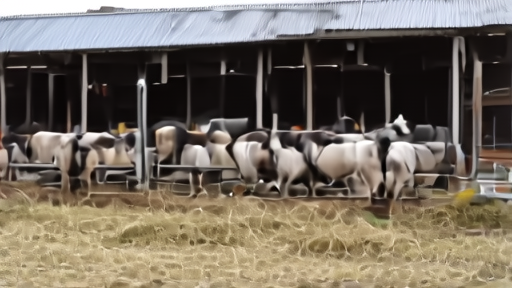 Open-sided Idaho dairy barn at dawn, Holsteins lined up to a milking parlor, biosecurity foot-bath at the entrance, hay-dust catching low light.
