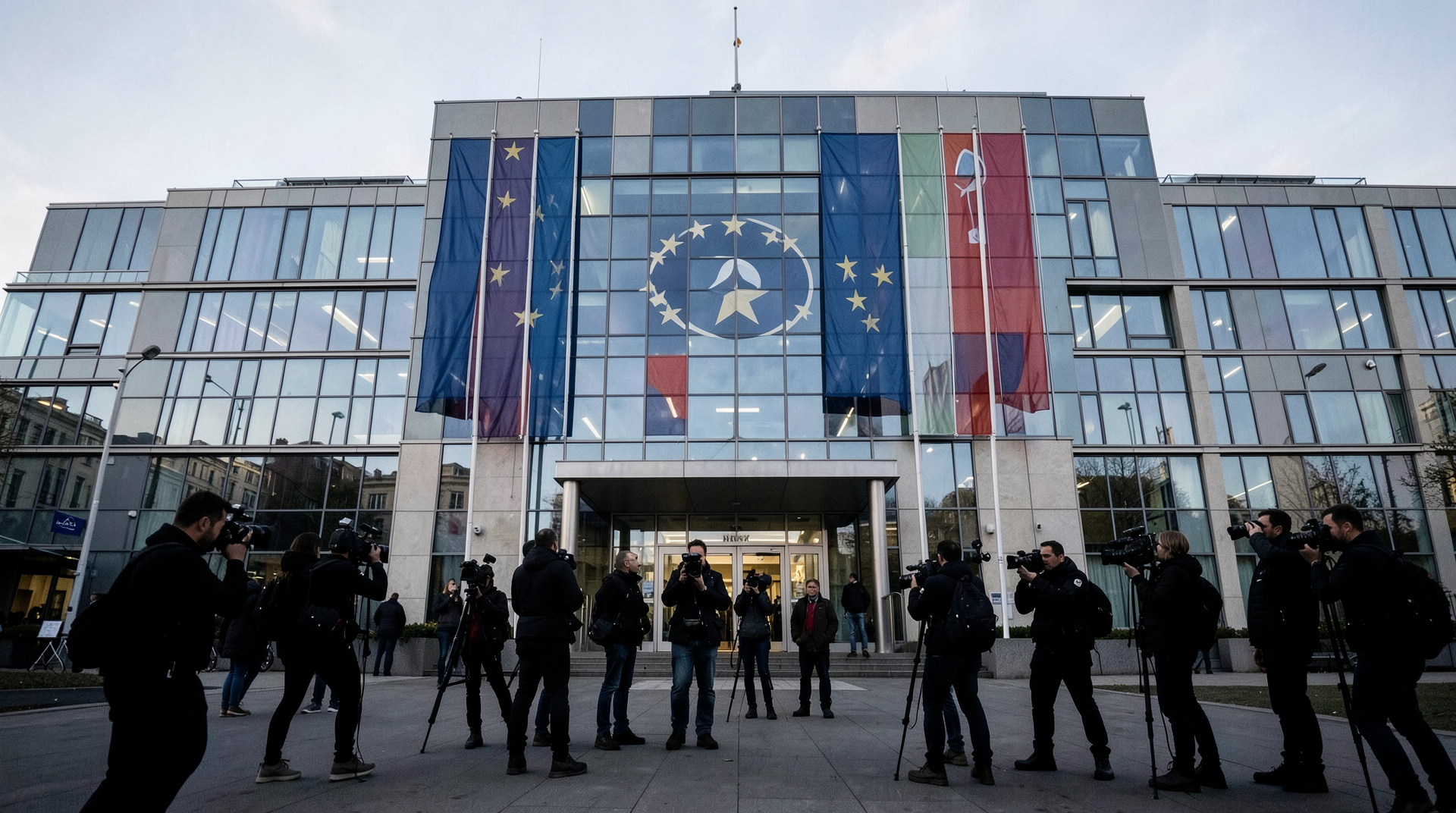NATO HQ Brussels exterior with stars-and-flags facade