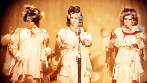 Vintage 1960s stage set with three women in beehive hairstyles and matching gowns at a single chrome microphone, stage lights warm and grainy, hands raised mid-harmony.