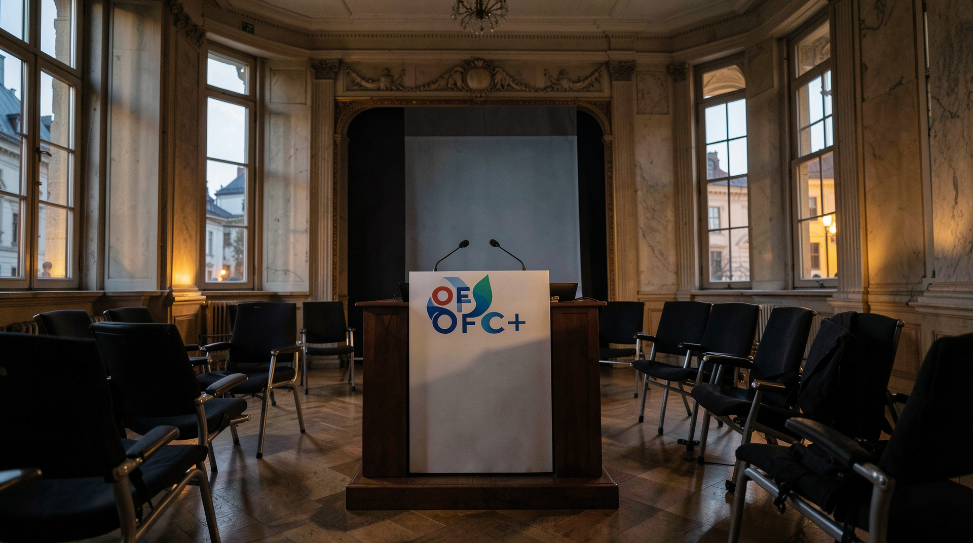 Empty press lectern with OPEC+ logo banner after a video conference