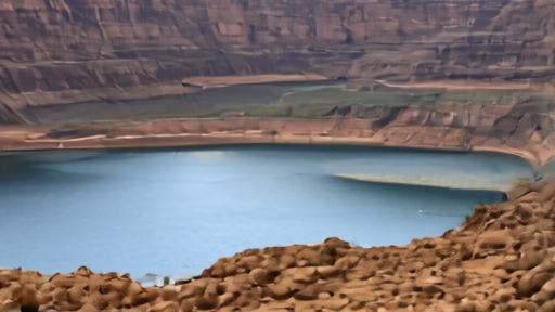 Glen Canyon Dam discharging through controlled outlet works above a low Lake Powell with broad bathtub ring, sandstone cliffs in afternoon light.