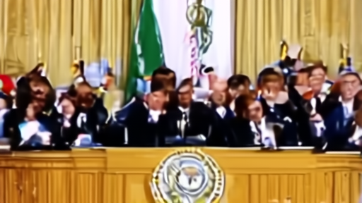President Sheinbaum at the National Palace press lectern with journalists' hands raised.