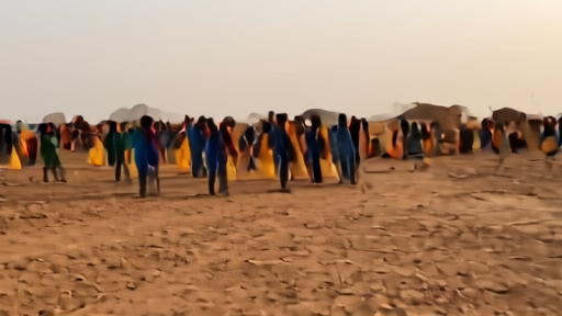 A long line of women carrying yellow water containers along a dust track outside an internally displaced persons camp