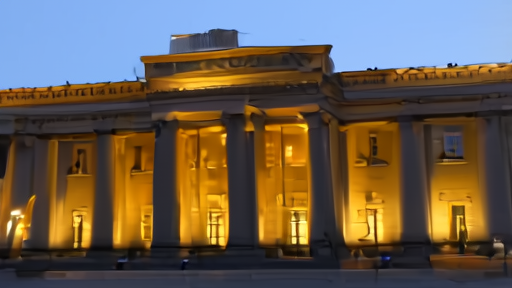 Eisenhower Executive Office Building west facade at dusk with stone columns and lighted windows.