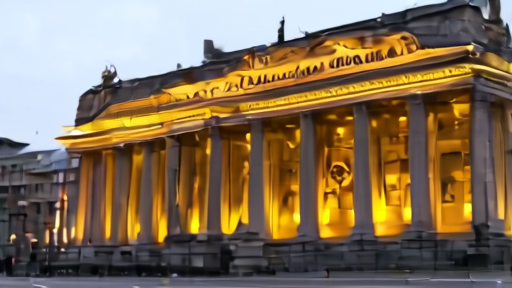 Bank of England facade on Threadneedle Street at dusk with the columns lit and the empty street in the foreground