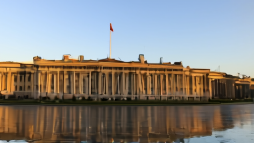 Parliament House Canberra exterior with Australian flag flying against a clear sky and reflecting pool in foreground.
