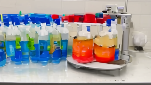 Public-health wastewater lab bench with sealed sample bottles labeled by sewershed, gloved hands at a centrifuge, fluorescent lighting and white-tile floor.