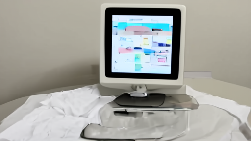 Endocrinology exam room with continuous-glucose-monitor display on a desktop screen, insulin pen on a steel tray, fluorescent overhead lighting.