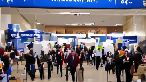 Wide hall of an American College of Radiology meeting with overhead session-track signage, attendees moving between exhibit booths and a main auditorium entrance.