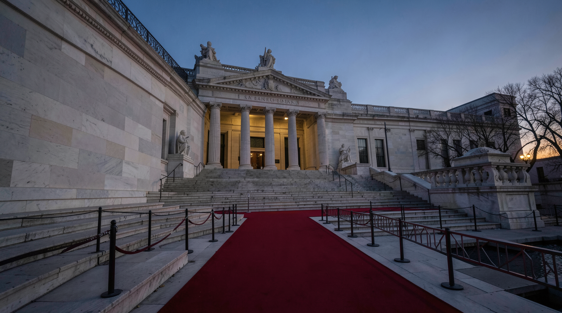 Empty Metropolitan Museum of Art steps and red carpet at twilight