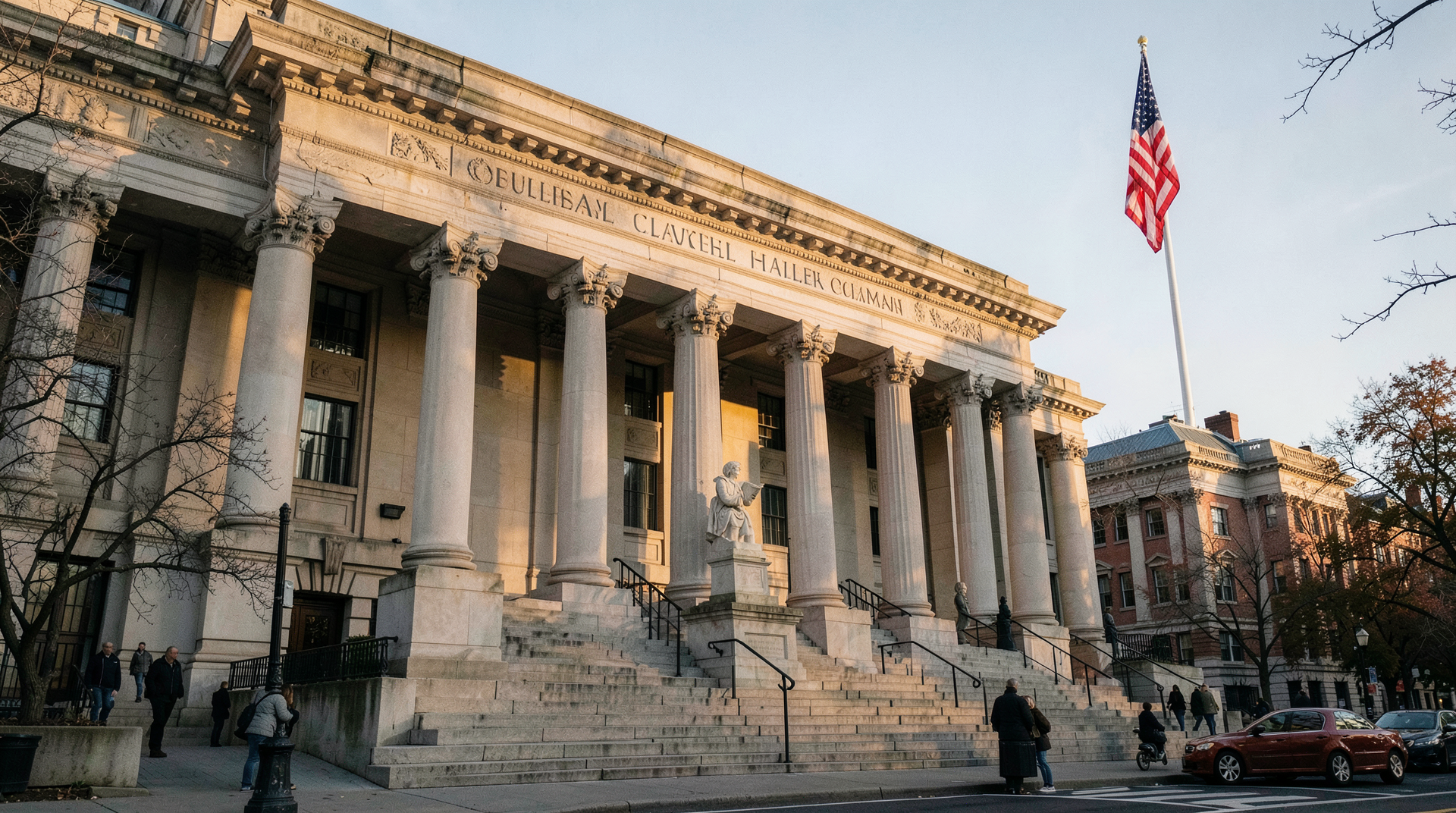 Pulitzer Hall at Columbia University facade in late afternoon light