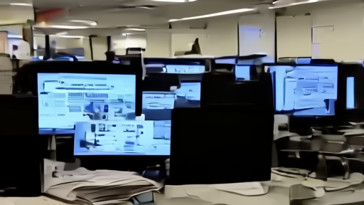 Stars and Stripes newsroom interior with empty desks, monitors showing the masthead, fluorescent lighting.