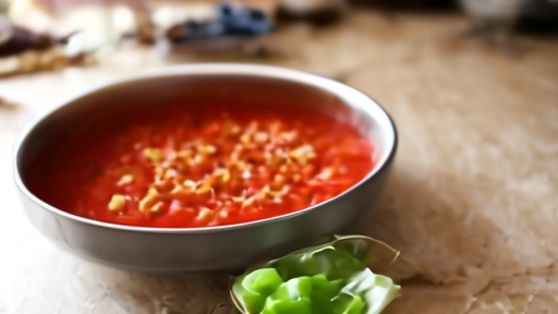 Hands dipping a corn tortilla into a deep red consommé over a kitchen counter, with onion, cilantro and lime arranged in bowls