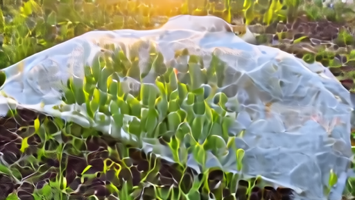 Hands tucking pea seedlings into a raised bed beside a row of lettuce, with row cover folded at the edge
