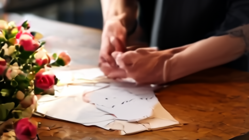 Hands tying a paper-wrapped bouquet of peonies and ranunculus on a wooden florist counter beside a hand-written card