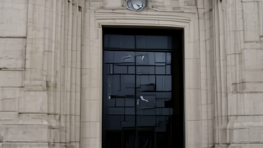 The USCCB headquarters on Fourth Street NE in Washington, the limestone facade and the conference seal at the entrance lit flat by a cool overcast