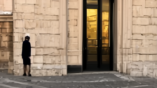 The Vatican Press Office at Via della Conciliazione, a small unlit lobby behind the heavy glass doors as a single carabiniere walks past in late afternoon