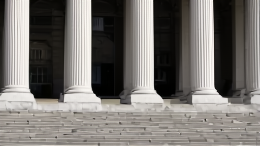 Exterior of the U.S. Treasury Department building at midday with empty stone steps and a single passerby