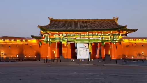 The northern gate of the Forbidden City at dusk with the Chinese flag flying and a security cordon visible at the entrance