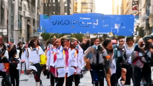 Workers in everyday work uniforms walking a makeshift runway in downtown Manhattan during morning rally.