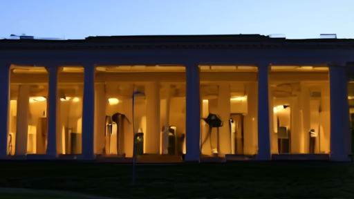 Wide White House West Wing exterior at dusk with the lit colonnade through the windows.