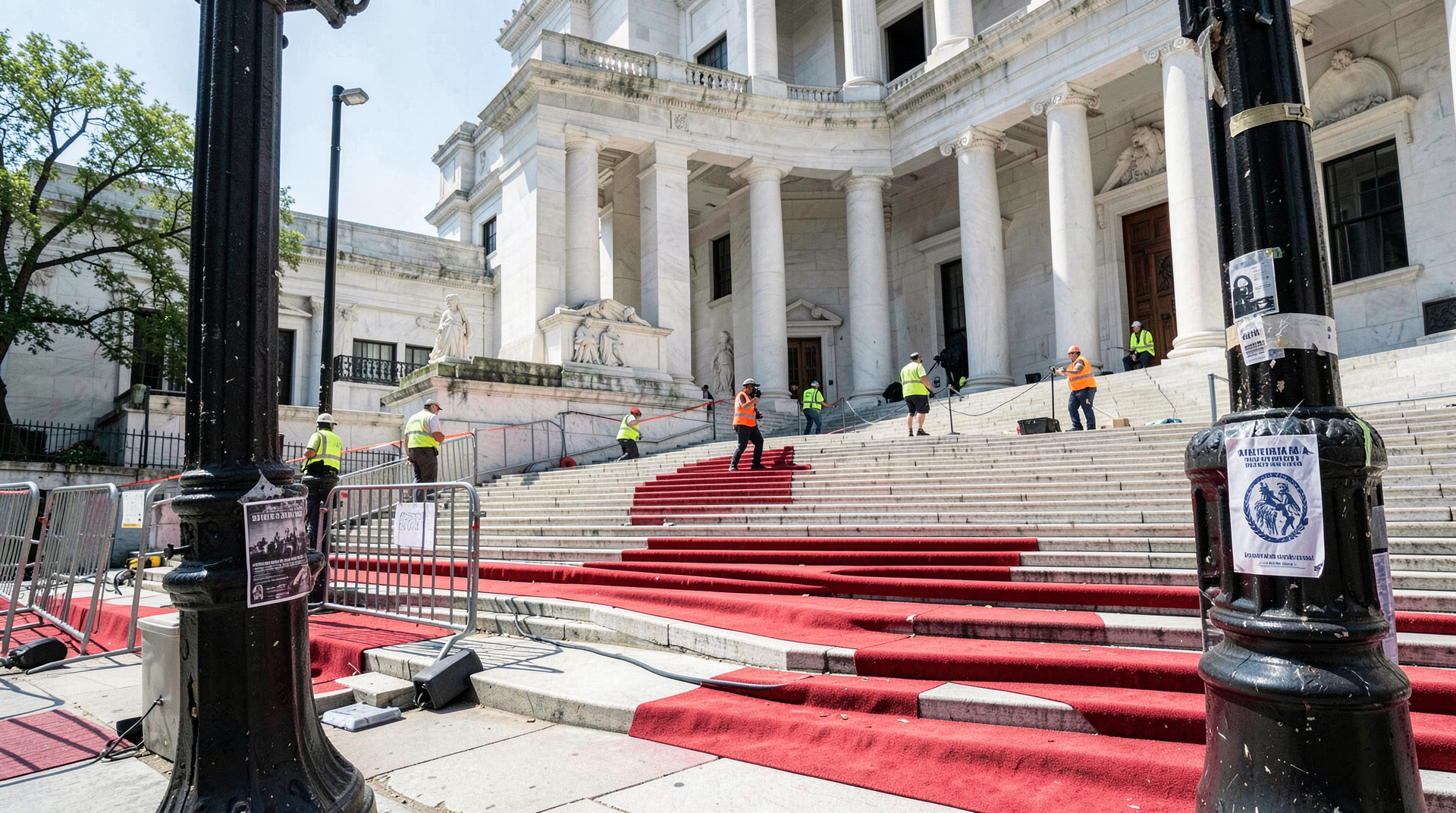 The Metropolitan Museum's stairs photographed at midday before the Met Gala — empty red carpet, security barricades being erected, a single labor-union flyer taped to a lamppost.