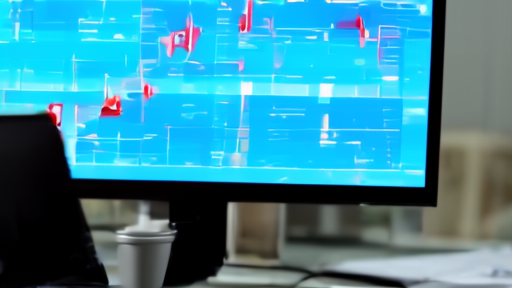Trading screen at a New York brokerage showing bitcoin and ether prices in red, with a coffee cup beside the keyboard.