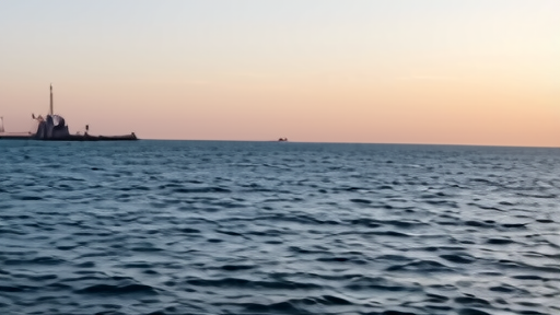 Wide shot of an oil-product tanker at anchor near Fujairah at dawn with the gulf coastline behind.