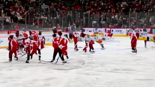 Montreal Canadiens players celebrating at center ice as the Tampa Bay Lightning skate off after a Game 7 loss.