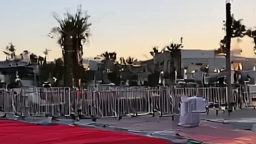 Workers laying the red carpet on the Palais des Festivals stairs the morning before opening night.