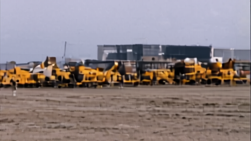 Yellow Caterpillar mining trucks lined up at an Illinois assembly plant under a gray morning sky.