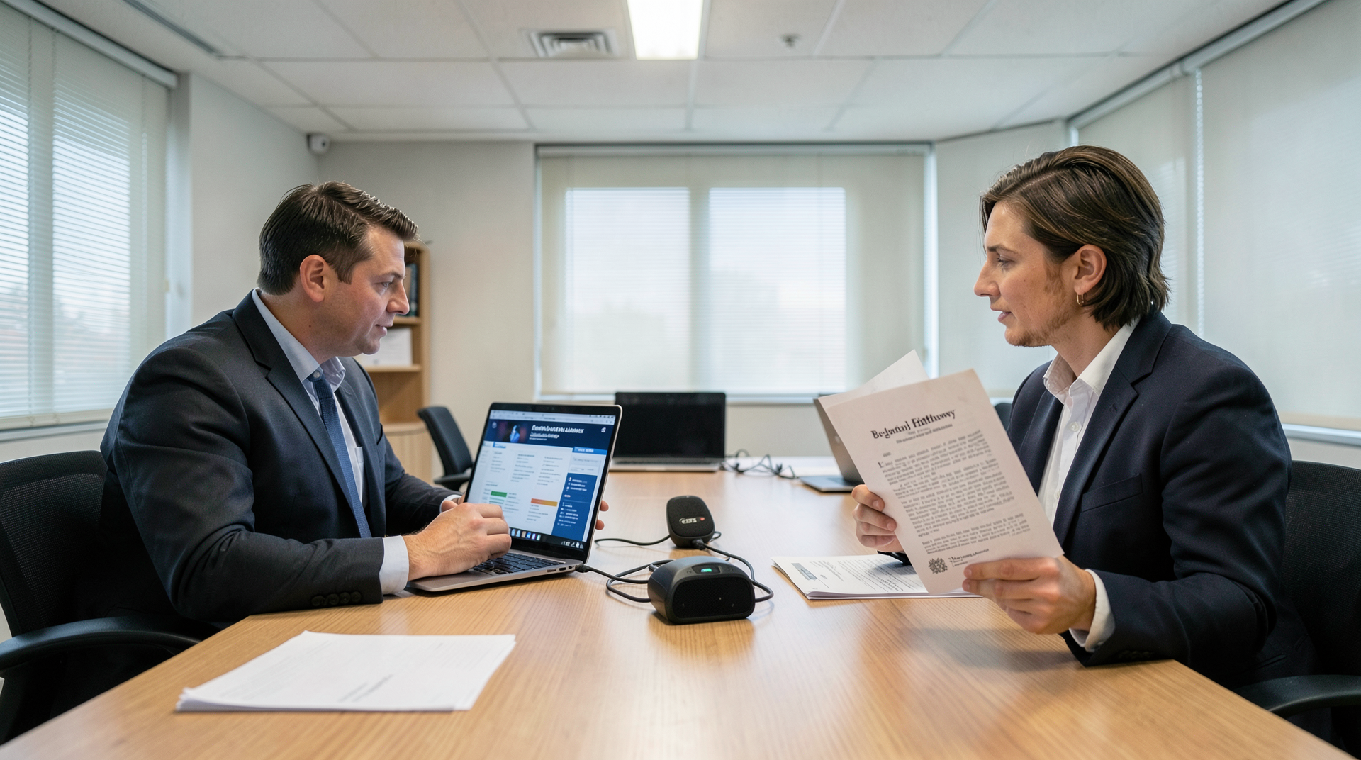 A roadshow conference room — laptops open to a Cerebras prospectus on one side, a Berkshire Hathaway annual report on the other, with a table-mounted speakerphone in the center.