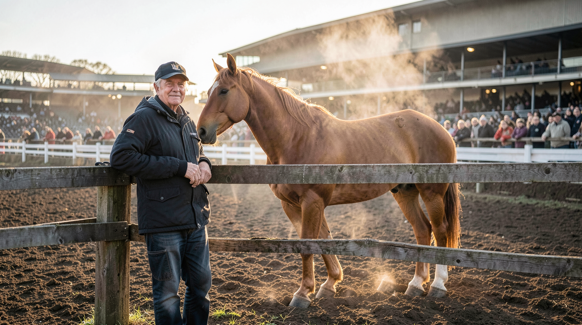 Cherie DeVaux at Churchill Downs the morning after the Derby — leaning on a paddock fence, Golden Tempo behind her, sunlight low on the backside.