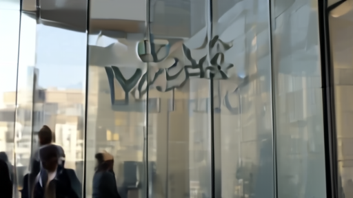 A Coinbase office lobby in lower Manhattan with the company logo on a glass wall.