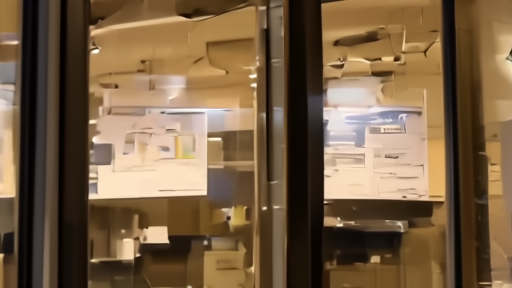 An ABC News Bureau facade with FCC paperwork visible on a glass door at dusk.