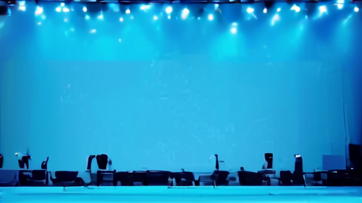 Empty Wiener Stadthalle stage with Eurovision logo lighting and rigging during rehearsals.