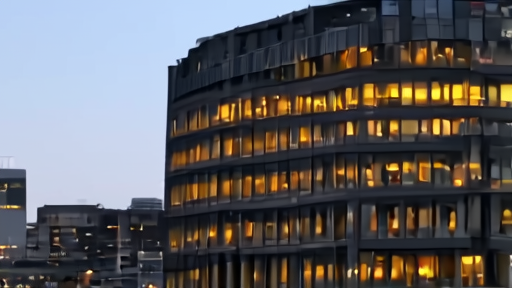 Wide exterior of the European Central Bank tower in Frankfurt at dusk with the city skyline.