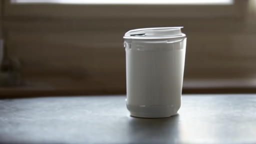 Hand reaching past a small white prescription bottle on a kitchen counter beside a coffee cup, morning light, no readable text on the label.