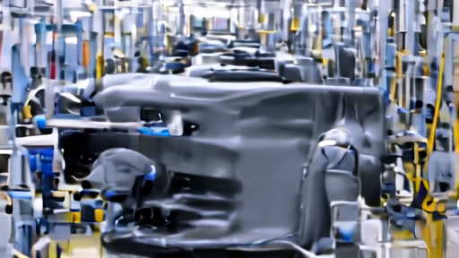 An auto-plant assembly line with pickup trucks moving down the line and Ford and GM badges visible on a worker's lanyard.