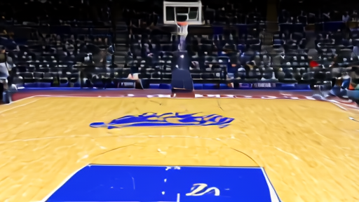 Paycom Center floor in Oklahoma City with the Thunder logo at center court and Lakers warmup gear visible courtside.