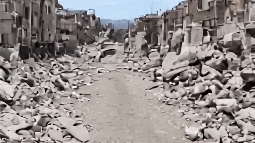 Damaged residential street in southern Lebanon at midday, a single ambulance and rescue workers between concrete rubble piles, no smoke in frame.