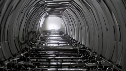 Closeup of LHCb subdetector layers at CERN with cabling and steel framing receding into a deep tunnel under cool work-light.