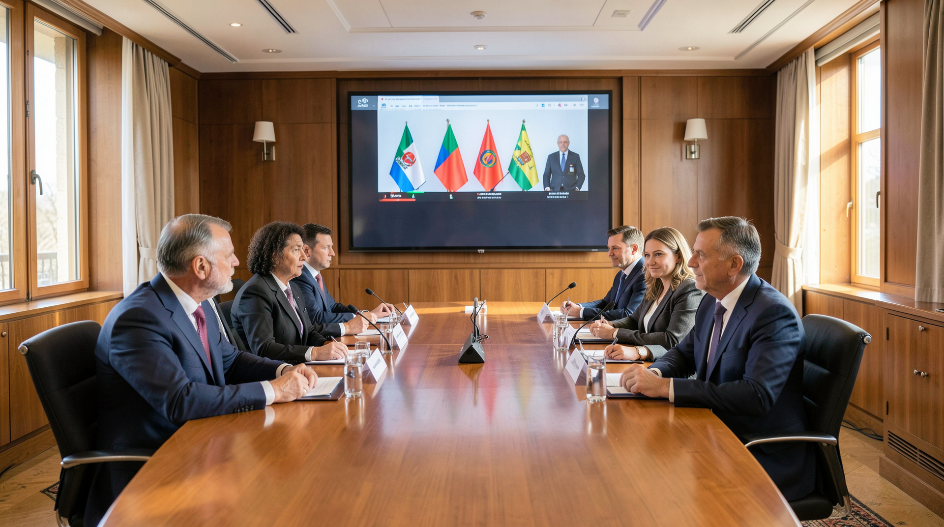 An OPEC+ technical-committee meeting room with a long polished table, name placards, and a video screen showing the seven remaining national flags.
