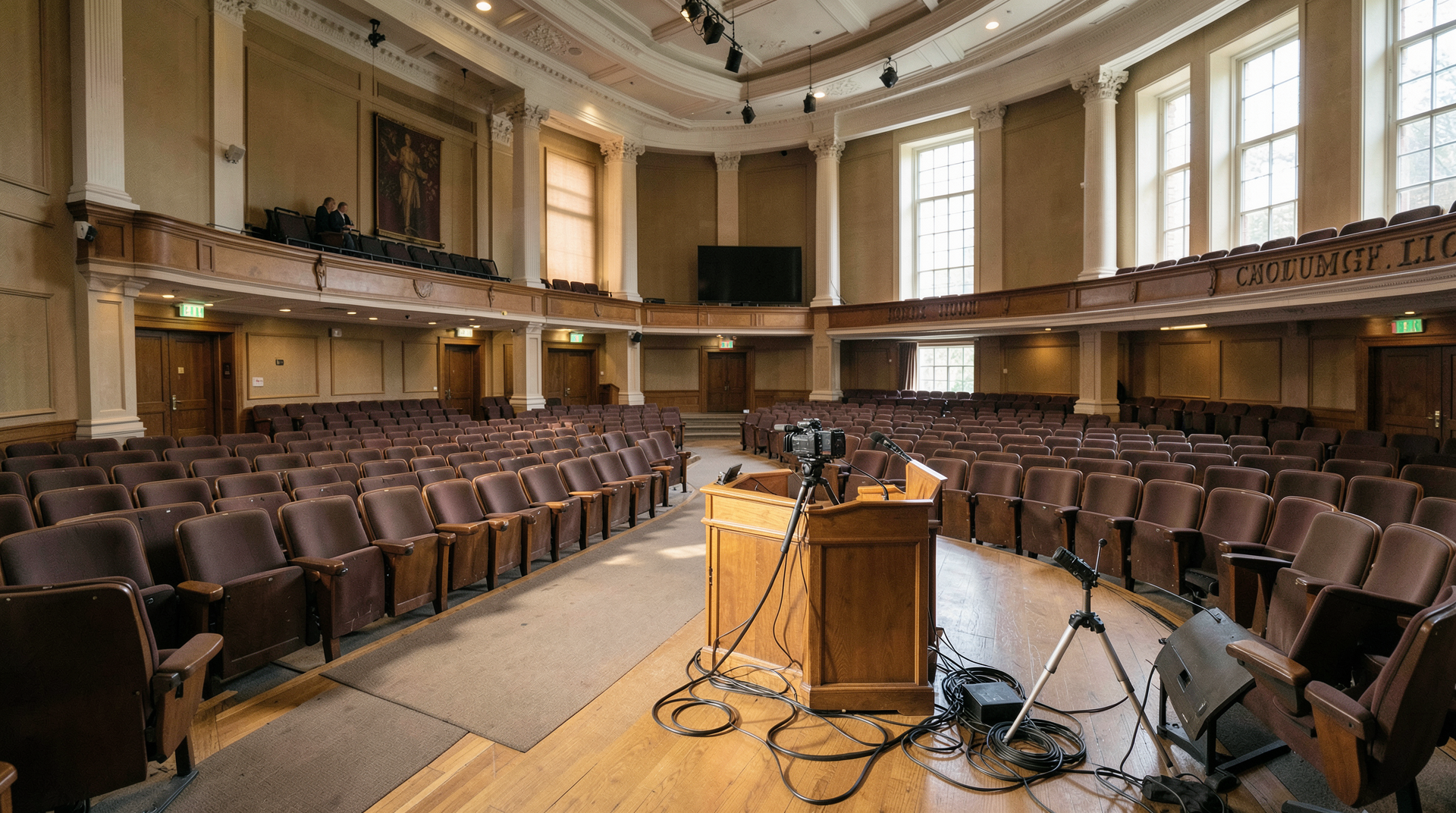 An empty Columbia University auditorium with the Pulitzer livestream camera set up at the lectern, hours before the announcement.