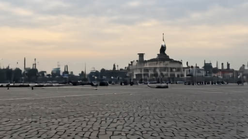 Empty cobblestone expanse of Red Square at dawn under overcast Moscow sky, St. Basil's silhouette behind, no parade vehicles or troops in frame.