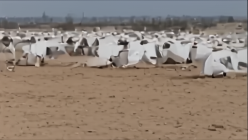 Wide view of a displacement camp on flat dust ground in eastern Sudan, rows of white tarpaulin shelters under heavy afternoon sun, two women carrying water containers.