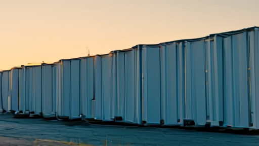 A Tesla Megapack installation under construction at a Texas industrial site at sunset.