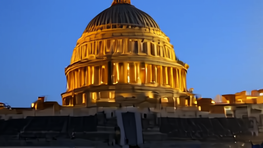 The exterior of the U.S. Capitol at dusk, the rotunda lit, a single Capitol Police officer at the base of the East Front steps.