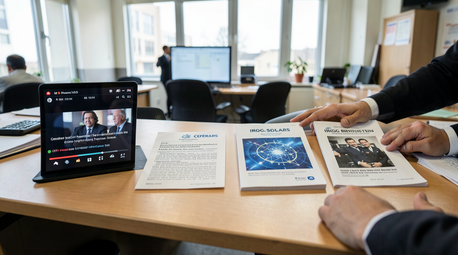 A Monday composite — the Pulitzer livestream screen, an OPEC+ communiqué page, a Cerebras prospectus, and the IRGC podium — laid out on a single desk.